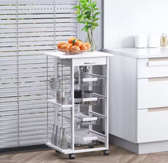 Witte Keukenwagen met Lade, Manden & Zijrekken – 83 cm