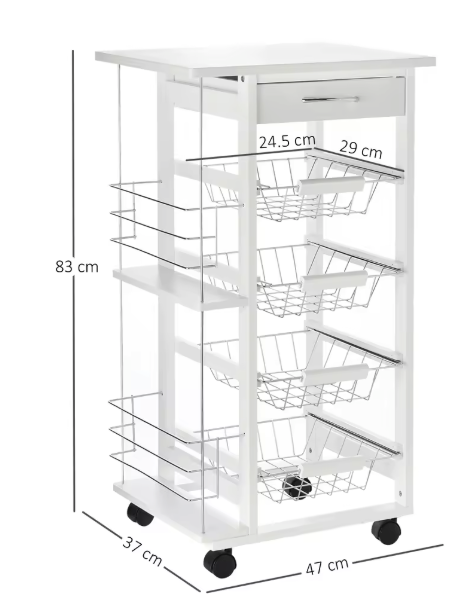 Witte Keukenwagen met Lade, Manden & Zijrekken – 83 cm