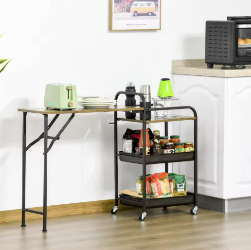 Opvouwbare Keukentrolley met Werkblad, Planken & Wielen – Industrieel Design