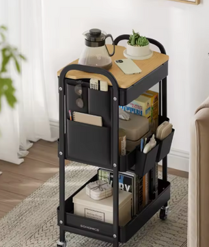 Metalen Opbergtrolley met Deksel – 3 Lagen & Organizerbakken, Zwart