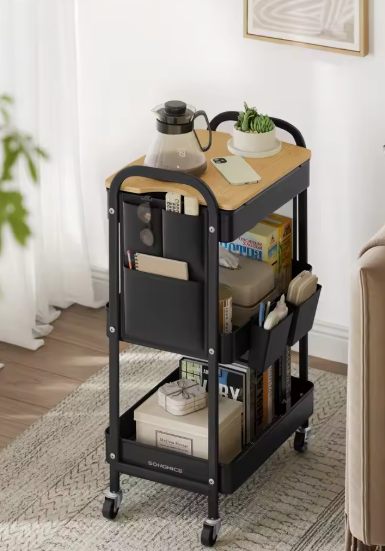 Metalen Opbergtrolley met Deksel – 3 Lagen & Organizerbakken, Zwart