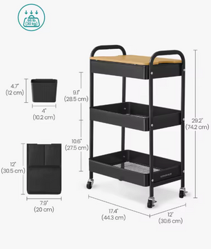 Metalen Opbergtrolley met Deksel – 3 Lagen & Organizerbakken, Zwart