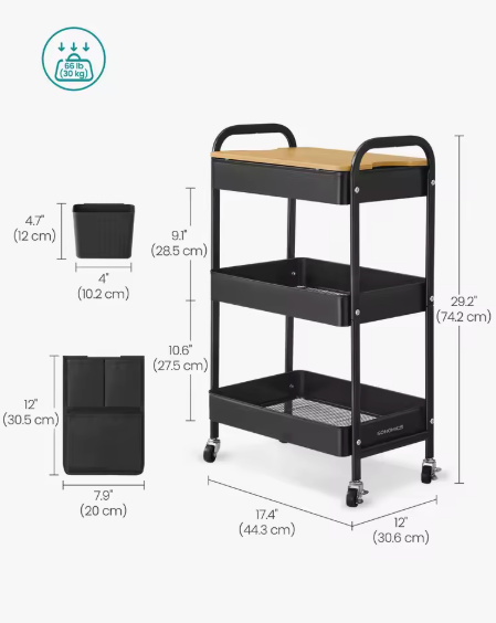 Metalen Opbergtrolley met Deksel – 3 Lagen & Organizerbakken, Zwart