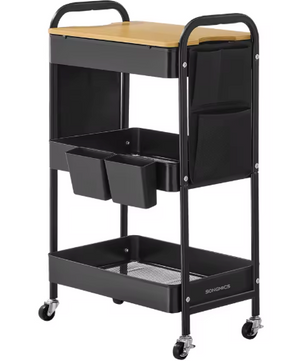 Metalen Opbergtrolley met Deksel – 3 Lagen & Organizerbakken, Zwart