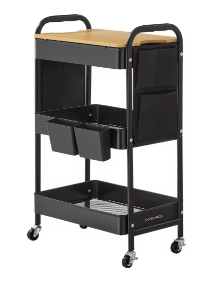 Metalen Opbergtrolley met Deksel – 3 Lagen & Organizerbakken, Zwart