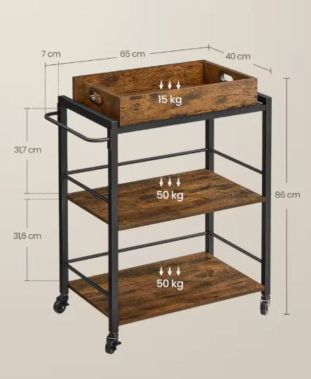 Serveerwagen met Afneembaar Dienblad – 3 Lagen & Wielen, Industrieel Design