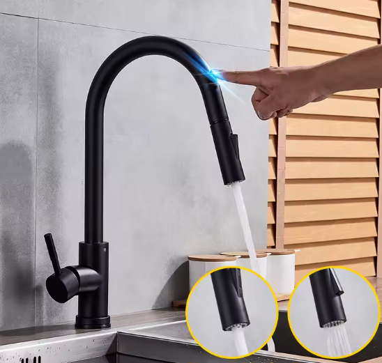 Zwarte Uittrekbare Keukenkraan met Aanraaksensor – Modern & Functioneel