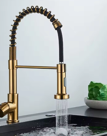 Geborsteld Gouden Keukenkraan – Eénhendel Lente Kraan met Warm/Koud Waterfunctie