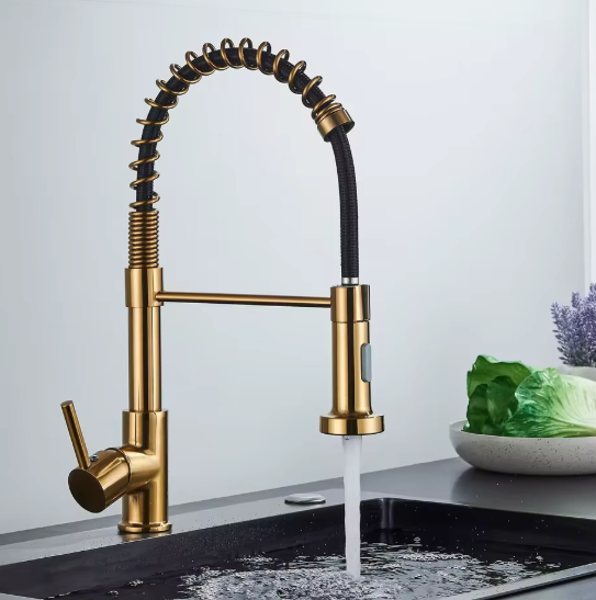 Geborsteld Gouden Keukenkraan – Eénhendel Lente Kraan met Warm/Koud Waterfunctie