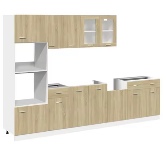 7-Delige Keukenkastenset – Sonoma Eiken met Glaskast & Magnetronkast