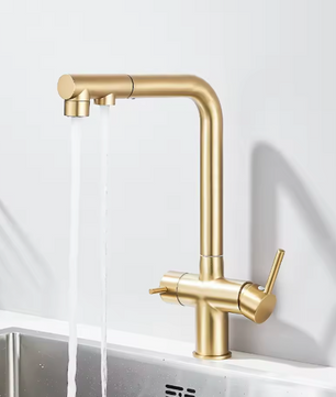 Gouden Keukenkraan met Filter – Uittrekbare Dual Uitloop & Mengfunctie