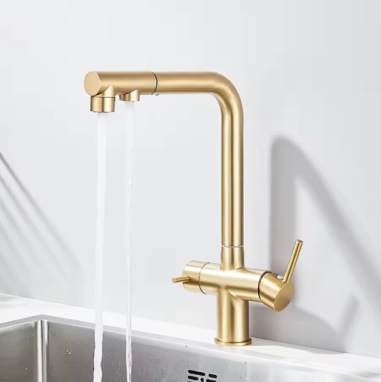Gouden Keukenkraan met Filter – Uittrekbare Dual Uitloop & Mengfunctie
