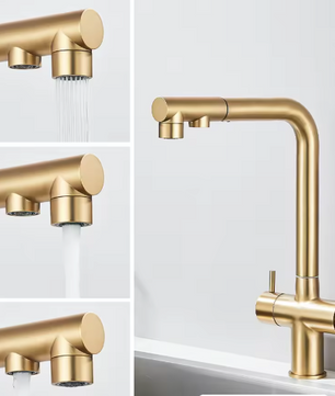 Gouden Keukenkraan met Filter – Uittrekbare Dual Uitloop & Mengfunctie