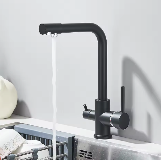 Zwarte Keukenkraan met Filter – Messing Mengkraan met Dubbele Sproeier en Drinkwaterfunctie