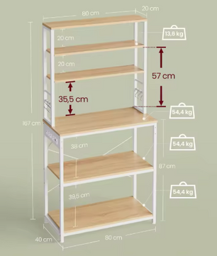 Keukenrek met Stopcontact en 6 Haken – 80×40×167 cm, Metaal & Hout