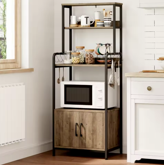Keukenrek met Haken en Kast – Houten Planken & Metalen Frame