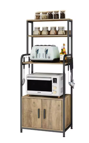 Keukenrek met Haken en Kast – Houten Planken & Metalen Frame