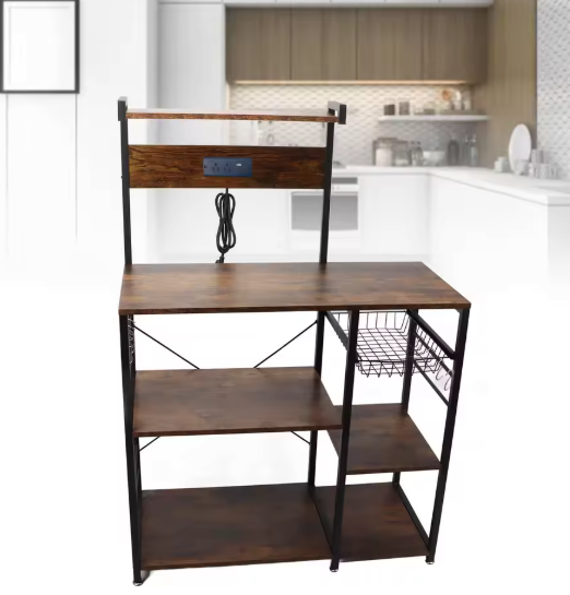 Keukenrek met Houten Planken – Bakkersrek & Opbergstation met Stalen Frame