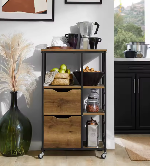 Keukenwagen met 2 Lades en 3 Planken – Verrijdbaar & Stabiel, 53×89×37 cm