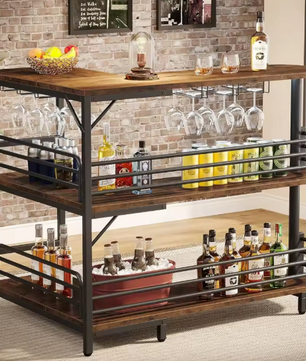 L-vormige Barkast met Wijnglazenrek – 3 Planken & Metaalframe, 129×46×110 cm