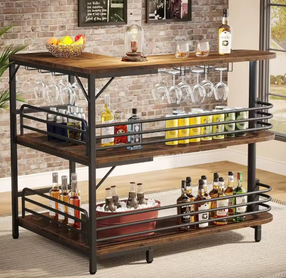L-vormige Barkast met Wijnglazenrek – 3 Planken & Metaalframe, 129×46×110 cm