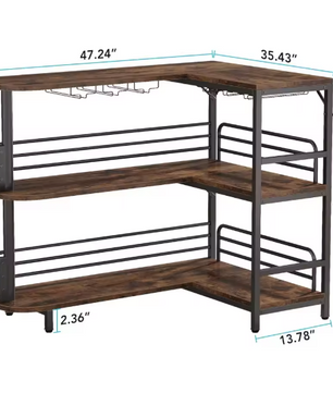 L-vormige Barkast met Wijnglazenrek – 3 Planken & Metaalframe, 129×46×110 cm