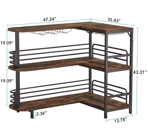 L-vormige Barkast met Wijnglazenrek – 3 Planken & Metaalframe, 129×46×110 cm