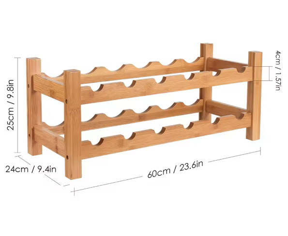 Wijnrek voor 12 Flessen – 2-Lagen Bamboe Flessenhouder, 60×25×24 cm