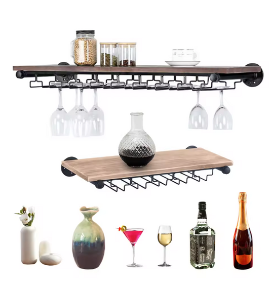 Wandgemonteerd Wijnrek met Glazenhouder – Zwart & Grenenhout, Industrieel Design
