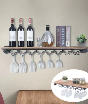 Wandgemonteerd Wijnrek met Glazenhouder – Zwart & Grenenhout, Industrieel Design