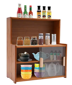 Bamboe Vitrinekast met Glazen Deur – Donkerbruin Opbergmeubel 55x28x61 cm