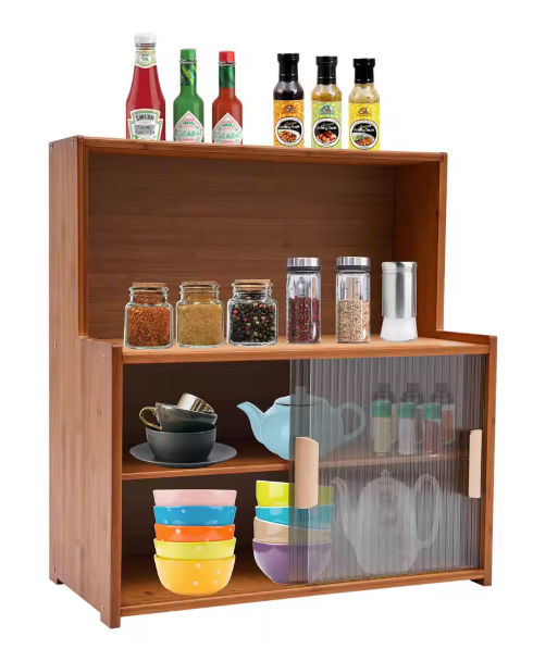 Bamboe Vitrinekast met Glazen Deur – Donkerbruin Opbergmeubel 55x28x61 cm
