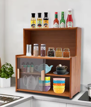 Bamboe Vitrinekast met Glazen Deur – Donkerbruin Opbergmeubel 55x28x61 cm