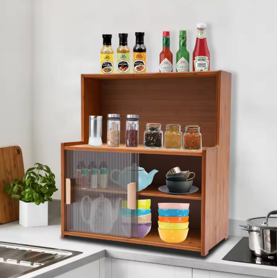 Bamboe Vitrinekast met Glazen Deur – Donkerbruin Opbergmeubel 55x28x61 cm