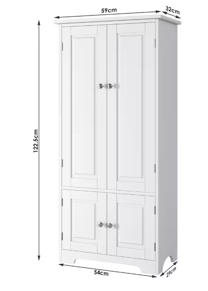 Hoge Keukenkast met 4 Deuren – Wit/Zwart Opbergdressoir 123 cm