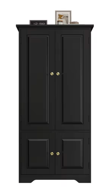 Hoge Keukenkast met 4 Deuren – Wit/Zwart Opbergdressoir 123 cm