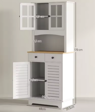 Hoge Keukenkast met Glazen Deuren – Dressoir met Planken & Lades, 170 cm