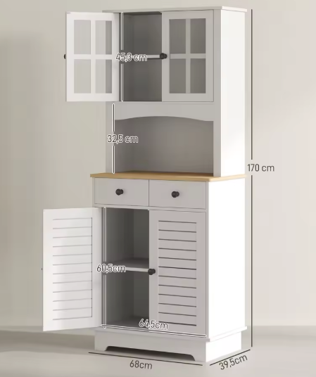 Hoge Keukenkast met Glazen Deuren – Dressoir met Planken & Lades, 170 cm