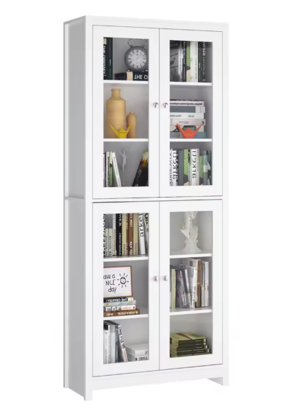 Hoge Vitrinekast met Glazen Deuren – Wit, 190 cm, 6 Niveaus