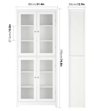 Hoge Vitrinekast met Glazen Deuren – Wit, 190 cm, 6 Niveaus