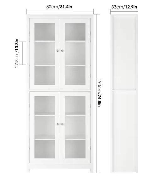 Hoge Vitrinekast met Glazen Deuren – Wit, 190 cm, 6 Niveaus