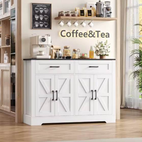 Keukenbuffetdressoir met Werkblad – 2 Lades & 4 Deuren, Wit/Houtlook