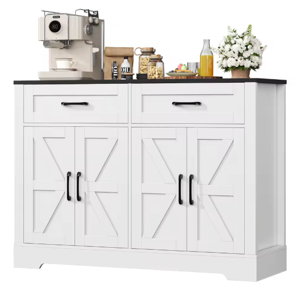 Keukenbuffetdressoir met Werkblad – 2 Lades & 4 Deuren, Wit/Houtlook