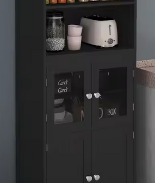 Zwarte Hoge Keukenkast met Glazen Deuren – 162 cm Hoog, MDF