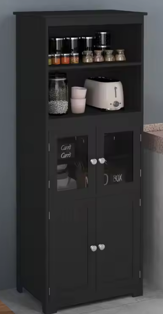 Zwarte Hoge Keukenkast met Glazen Deuren – 162 cm Hoog, MDF