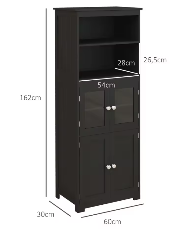 Zwarte Hoge Keukenkast met Glazen Deuren – 162 cm Hoog, MDF