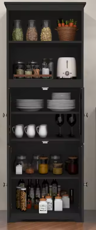 Zwarte Hoge Keukenkast met Glazen Deuren – 162 cm Hoog, MDF