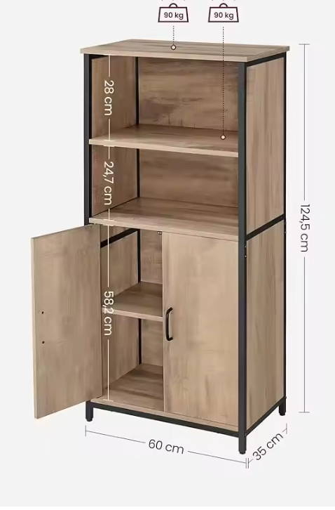 Hoge Keukenkast met Verstelbare Plank – Industrieel Design, 124,5 cm