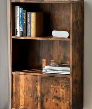 Retro Boekenkast met Deuren – 3 Niveaus & Massief Houten Poten