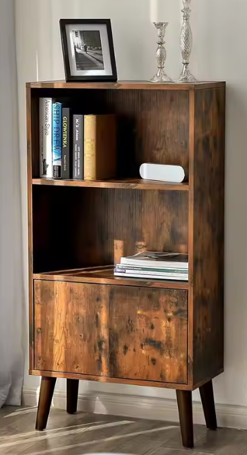 Retro Boekenkast met Deuren – 3 Niveaus & Massief Houten Poten